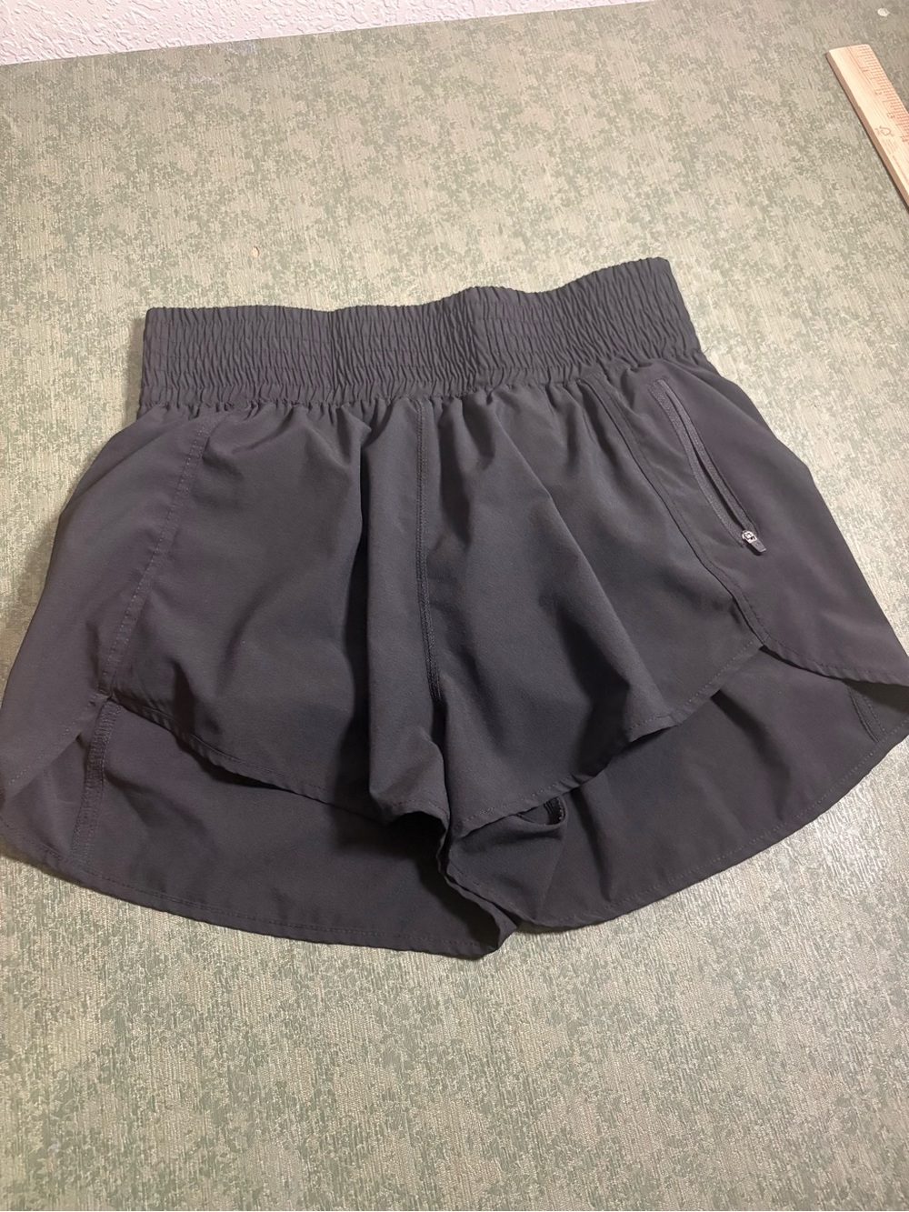 High-Rise Smocked Black Athletic Shorts with Side Zip Pocket